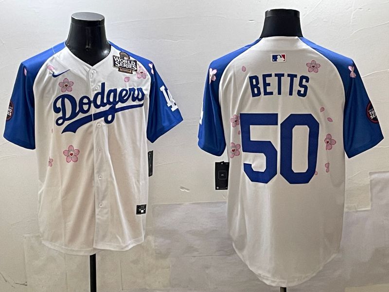 Men Los Angeles Dodgers 50 Betts White Blue Sakura Edition 2025 Nike MLB Jersey style 3